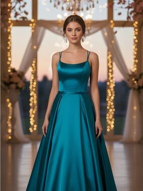 Jovani Teal Satin A-Line Gown with Double Spaghetti Straps